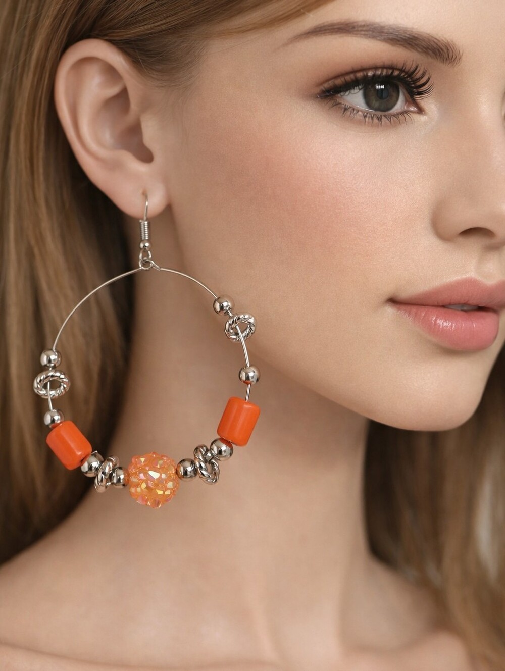 Pastel Orange Beaded Hoop Silver Earrings – Bold Women’s Fashion Jewelry